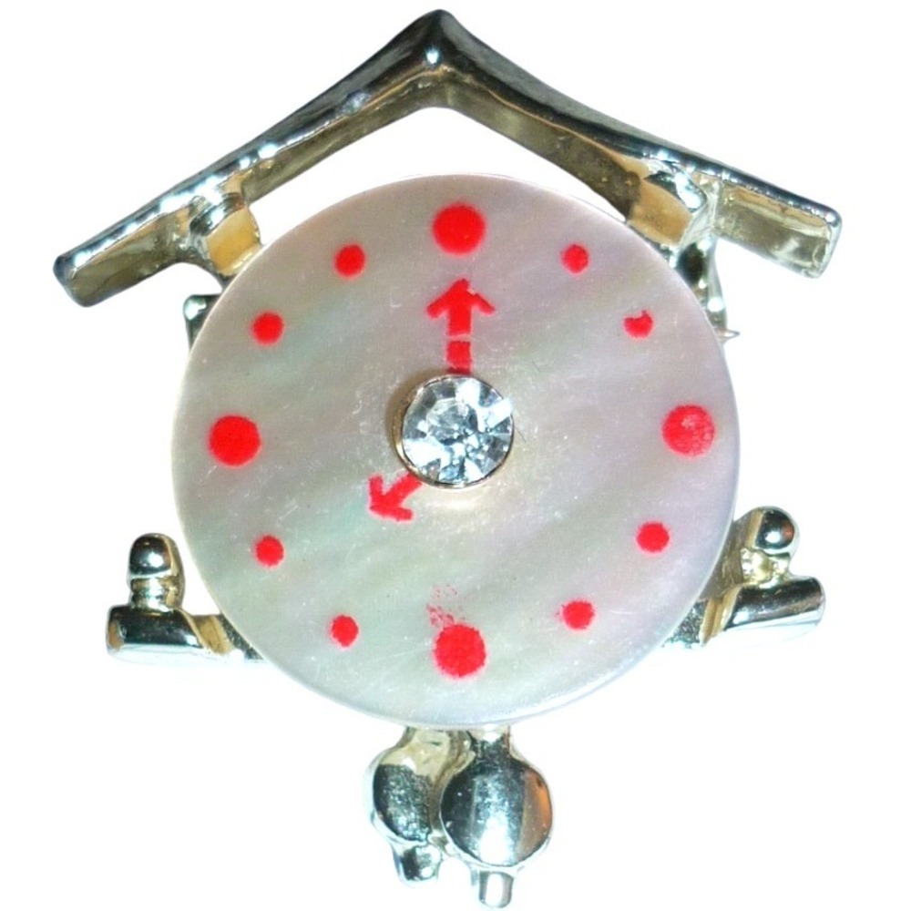 Vintage Mid Century Mother of Pearl Cuckoo Clock Brooch Rhinestone Silver Tone